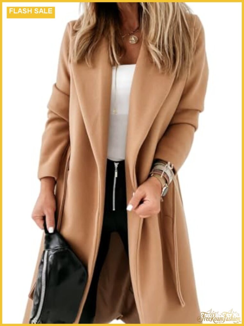 Womens Classic Wool Pea Coat Long Sleeve Notch Lapel Belted Trench Winter Warm